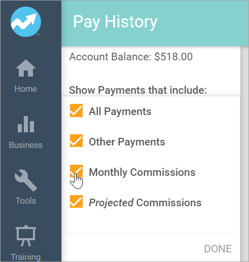 Pay History sidebar filters